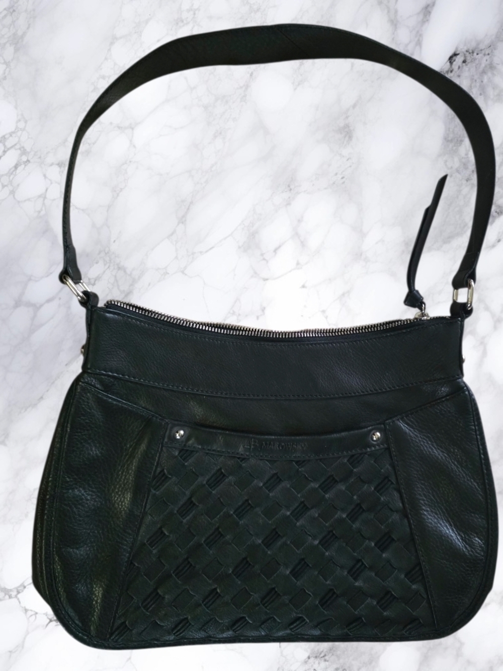 B Makowsky Black Leather Woven Shoulder Bag Soft Pebbled Slouch Hobo Boho